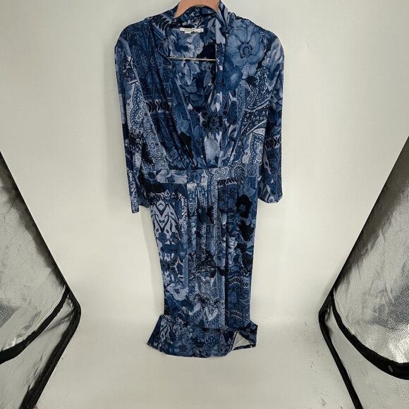 Chicos Graphic Floral Women Blue Black Preown Long sleeve Pleat Maxi Dress Small - Picture 1 of 9